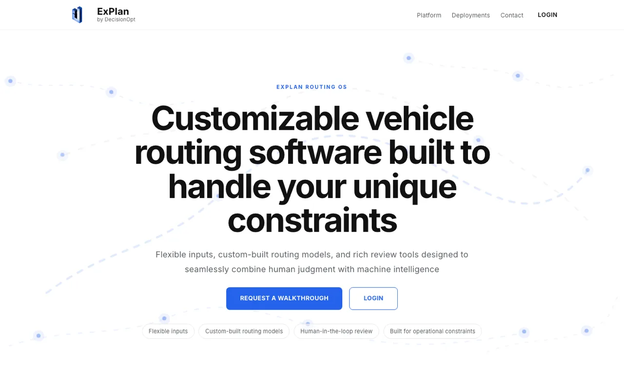The ExPlan site, describing routing software built around custom operational constraints