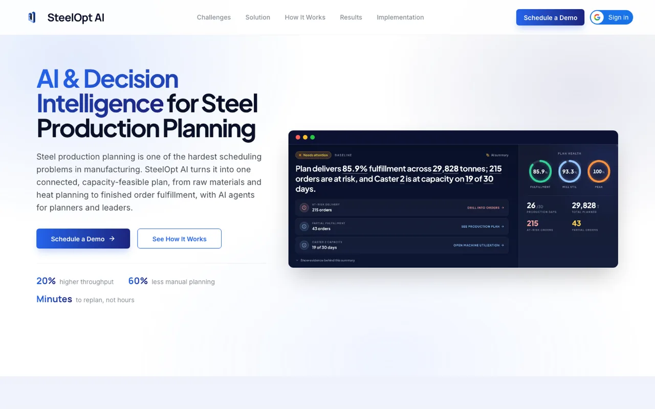 The SteelOpt AI site, showing a plan summary with fulfillment, mill utilization, and at-risk order figures